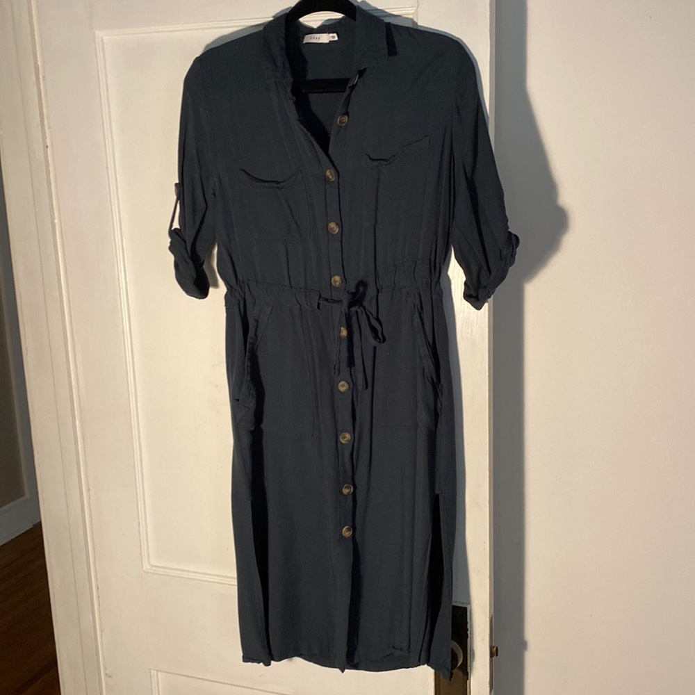Forest green button-down dress with side slits and pockets